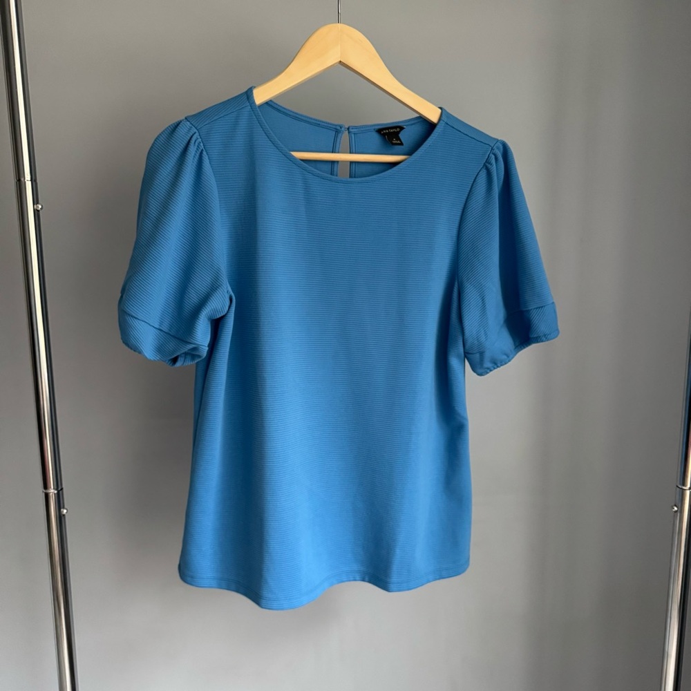 Ann Taylor Blue Puff Sleeve Short Sleeve Top